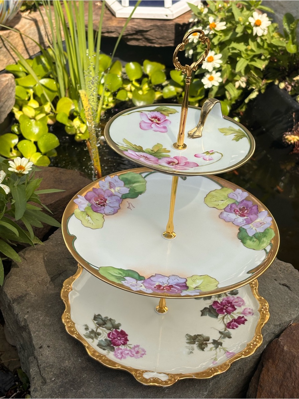 Vintage Limoges France hand painted 3 tiered serving stand dishes pink & gold